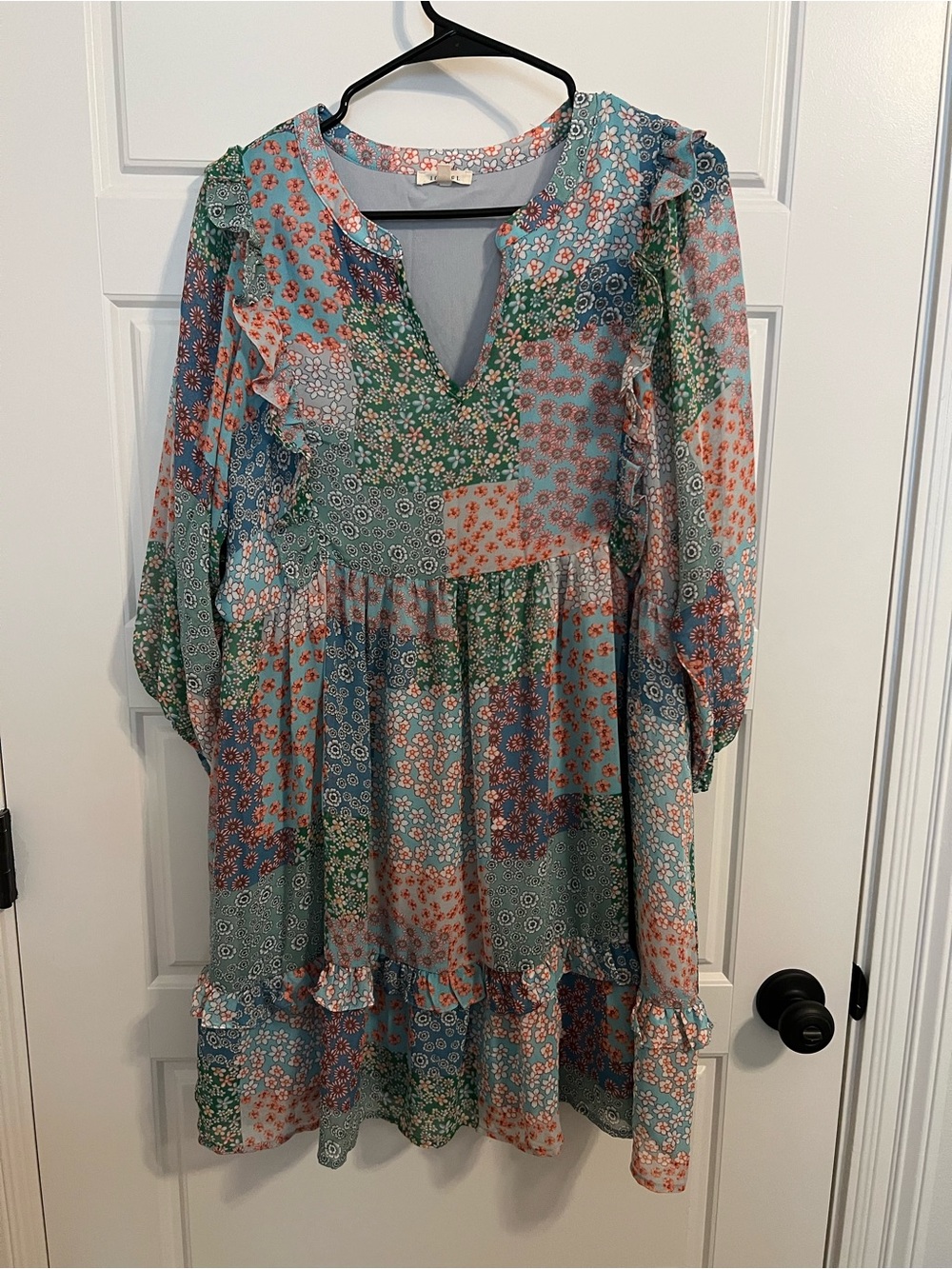 NWOT Floral Patchwork Ruffle Mini Dress in Blue & Green